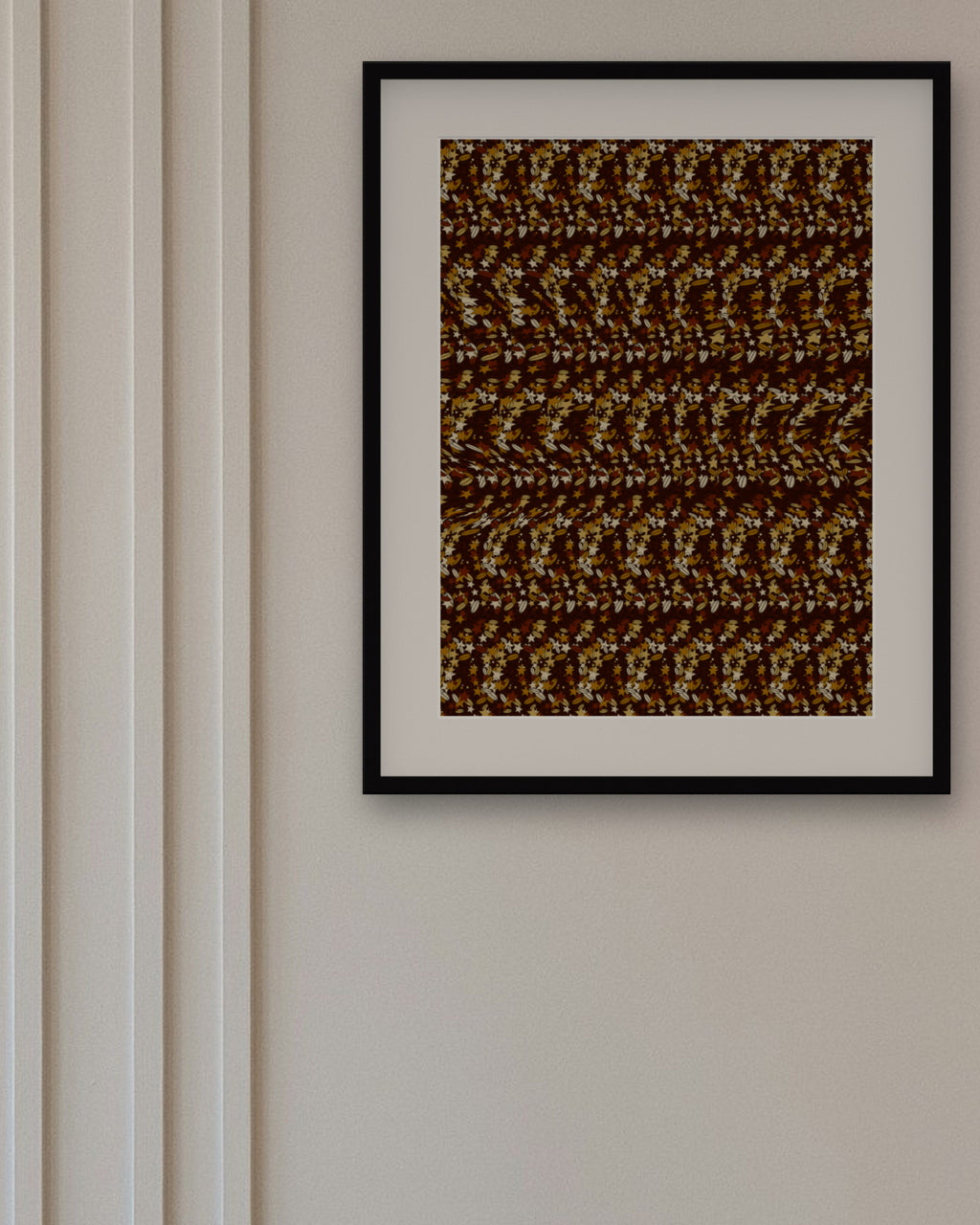 Peace Dove with Olive Branch hidden 3D image stereogram print in autumn and ember tones, framed in a dining room