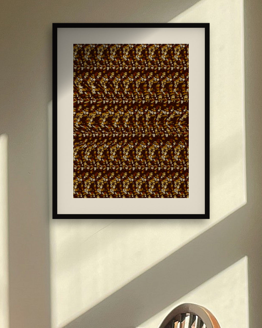 Peace Dove with Olive Branch hidden 3D image stereogram print in autumn and ember tones, framed in a sunlit dining room