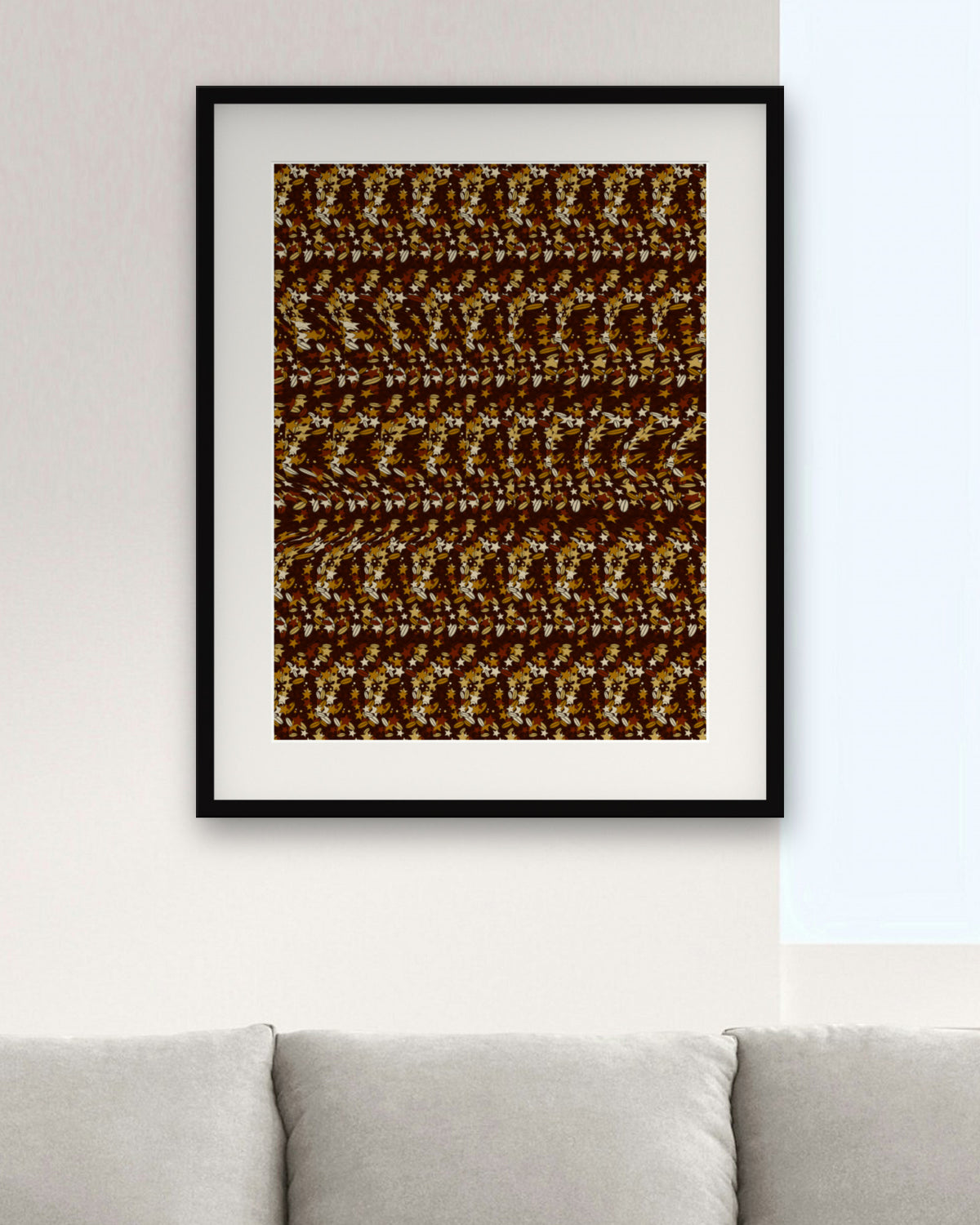 Peace Dove with Olive Branch hidden 3D image stereogram print in autumn and ember tones, framed in a bright living room