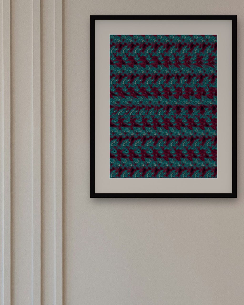 Pink Flamingo Pose hidden 3D image stereogram print in neon and night tones, framed in a dining room