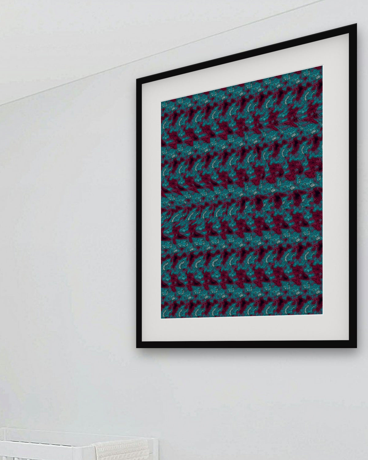 Pink Flamingo Pose hidden 3D image stereogram print in neon and night tones, framed in a playful kids' room
