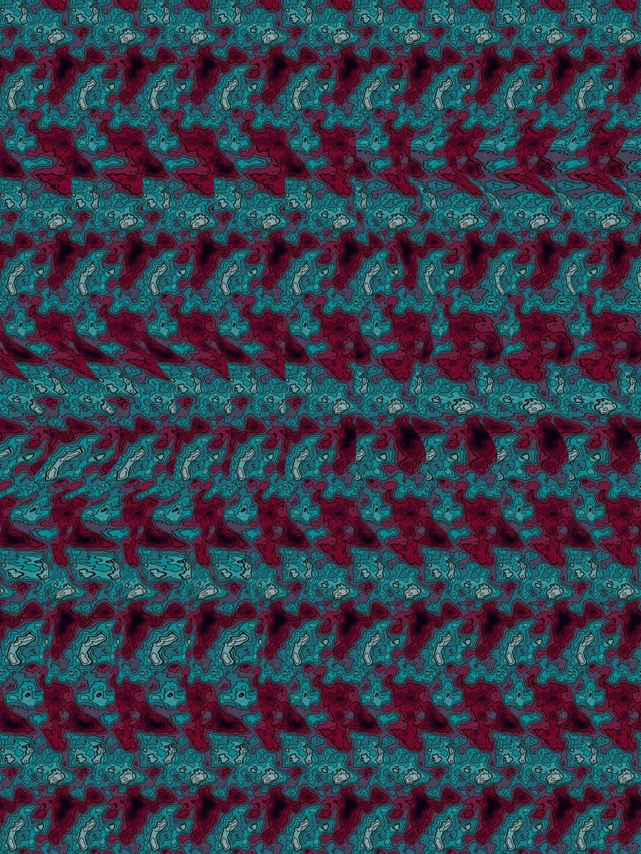 Pink Flamingo Pose hidden 3D image stereogram print in neon and night tones, full pattern flat view