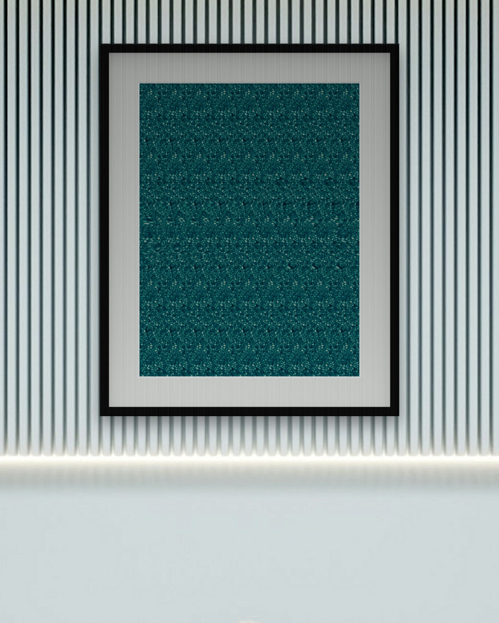 Deep Sea Shark Cruise hidden 3D image stereogram print in ocean and reef tones, framed in a calm bedroom