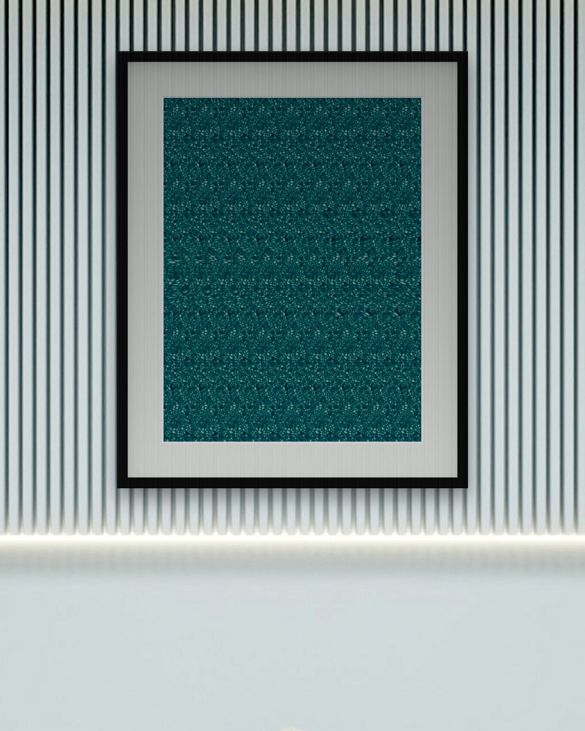 Deep Sea Shark Cruise hidden 3D image stereogram print in ocean and reef tones, framed in a calm bedroom