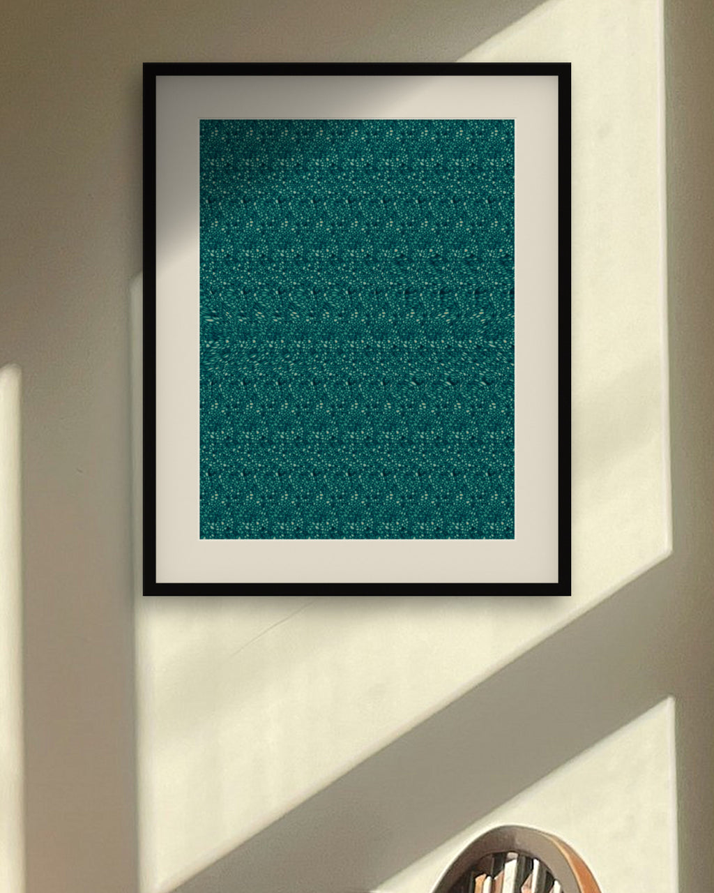Deep Sea Shark Cruise hidden 3D image stereogram print in ocean and reef tones, framed in a sunlit dining room