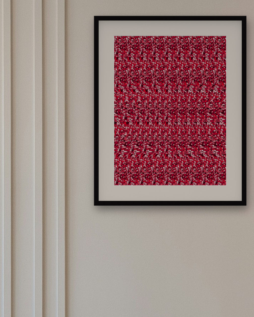 Scallop Seashell Treasure hidden 3D image stereogram print in blush and rose tones, framed in a dining room