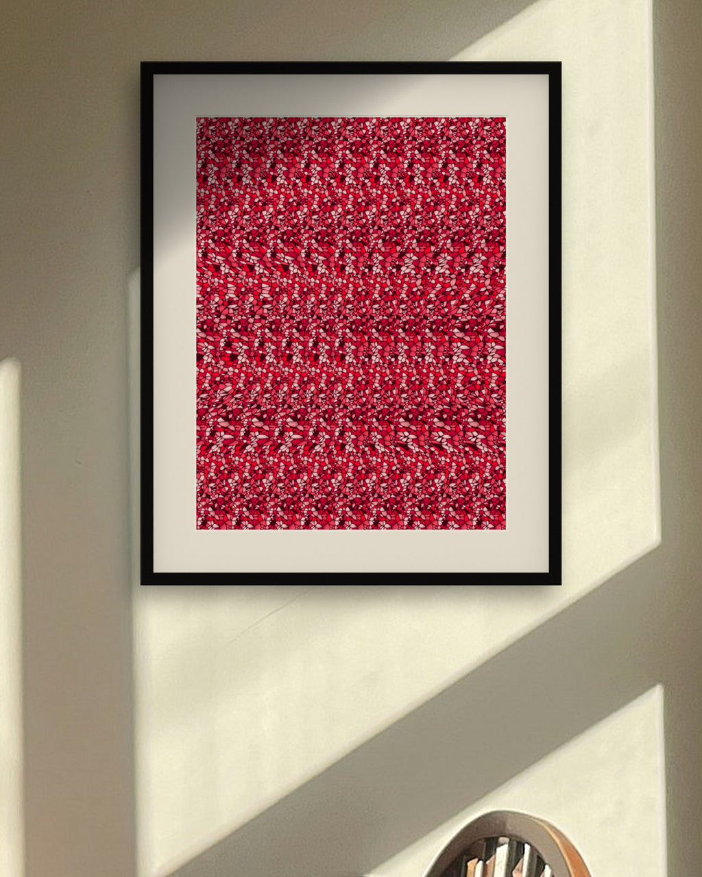 Scallop Seashell Treasure hidden 3D image stereogram print in blush and rose tones, framed in a sunlit dining room