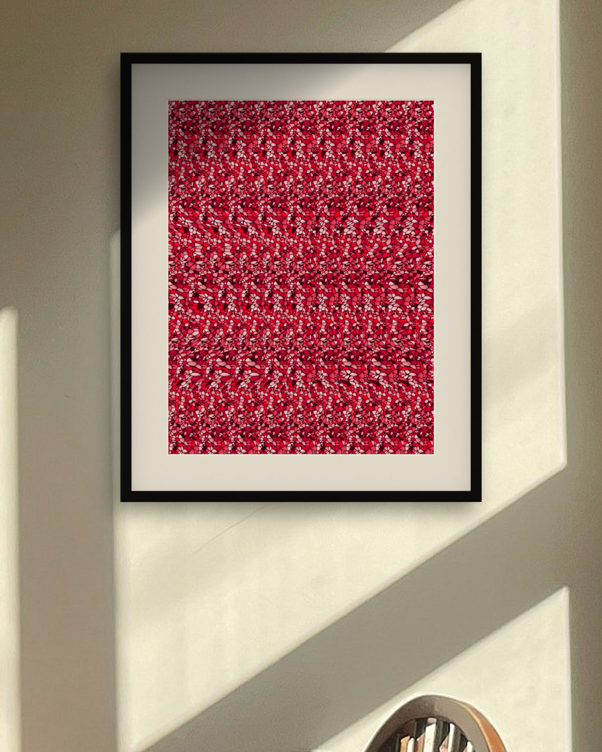 Scallop Seashell Treasure hidden 3D image stereogram print in blush and rose tones, framed in a sunlit dining room
