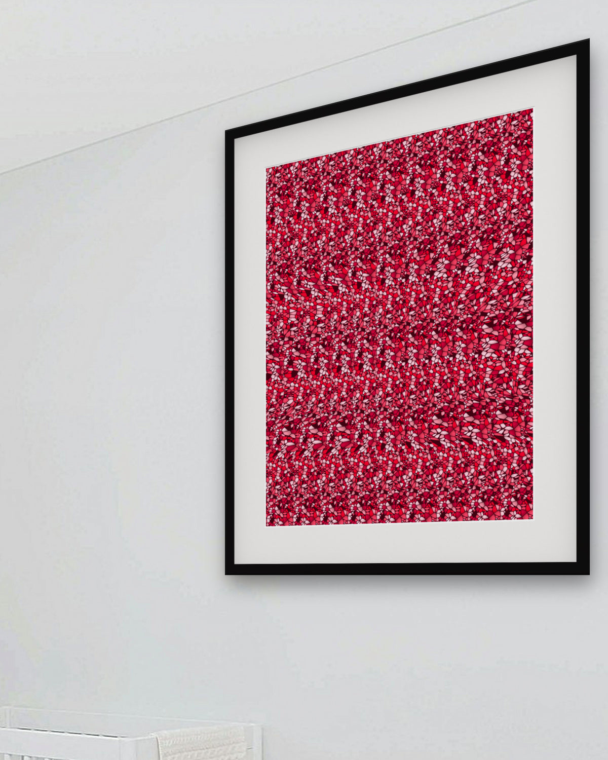 Scallop Seashell Treasure hidden 3D image stereogram print in blush and rose tones, framed in a playful kids' room