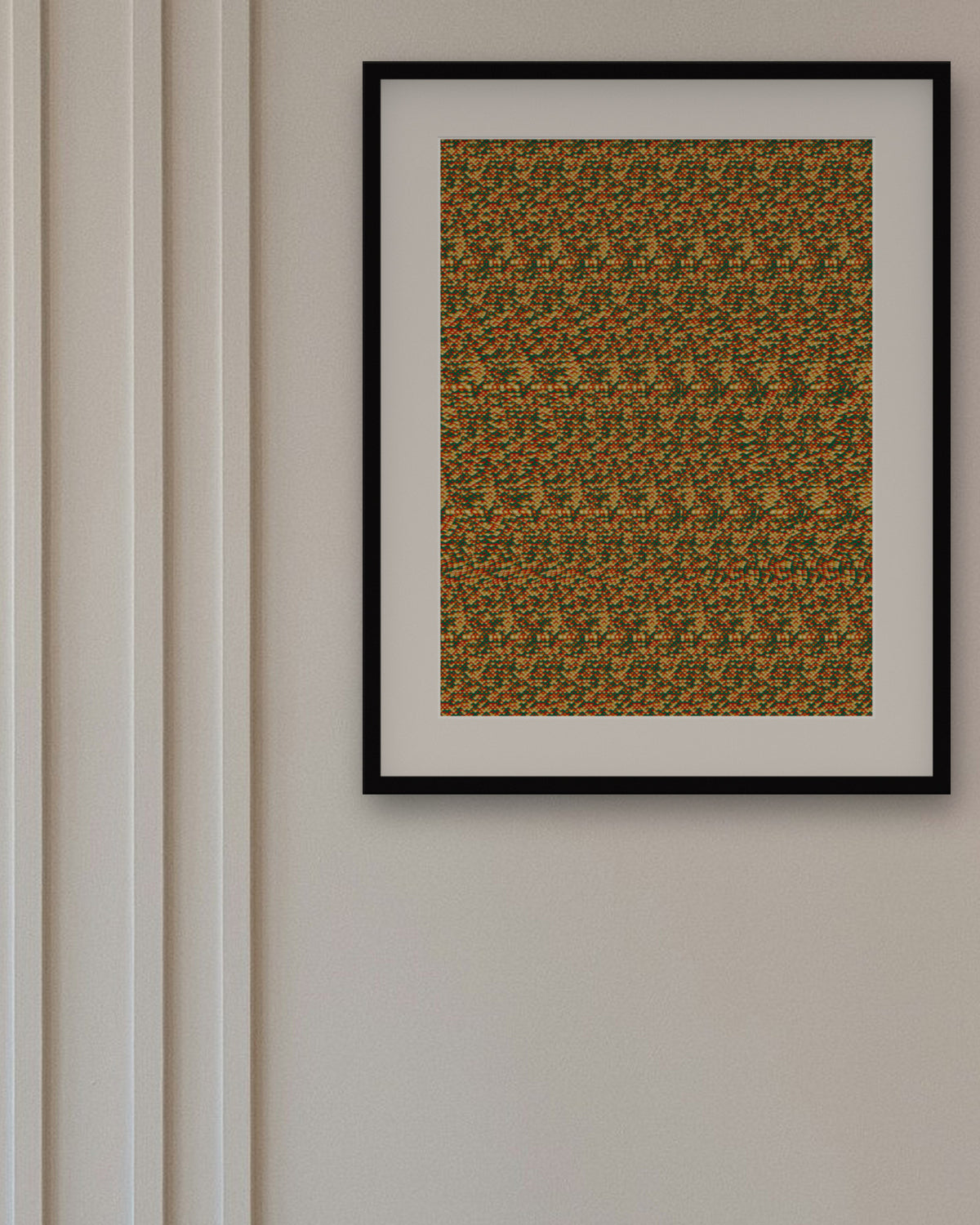 Santa Hat Surprise hidden 3D image stereogram print, framed in a dining room