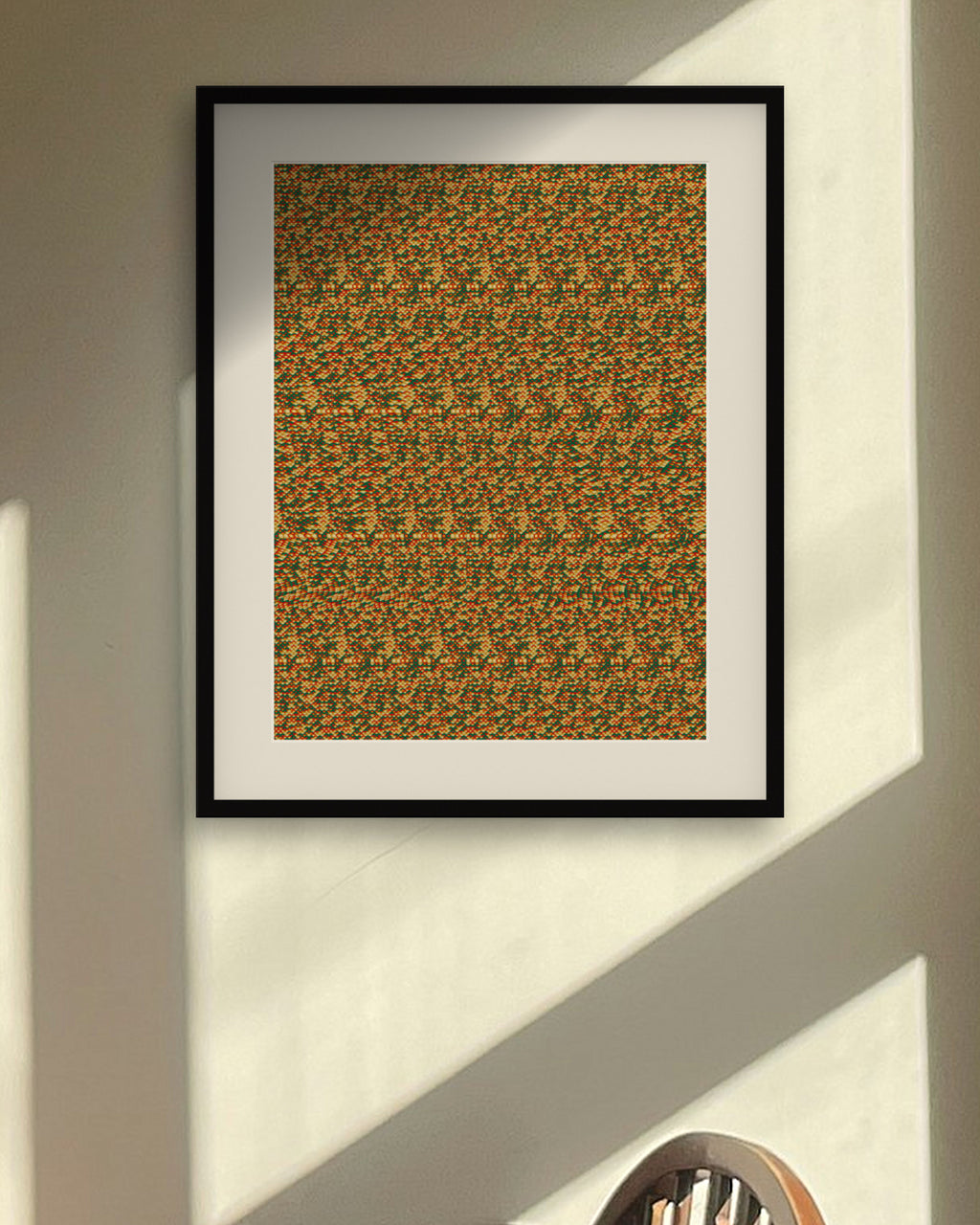 Santa Hat Surprise hidden 3D image stereogram print, framed in a sunlit dining room