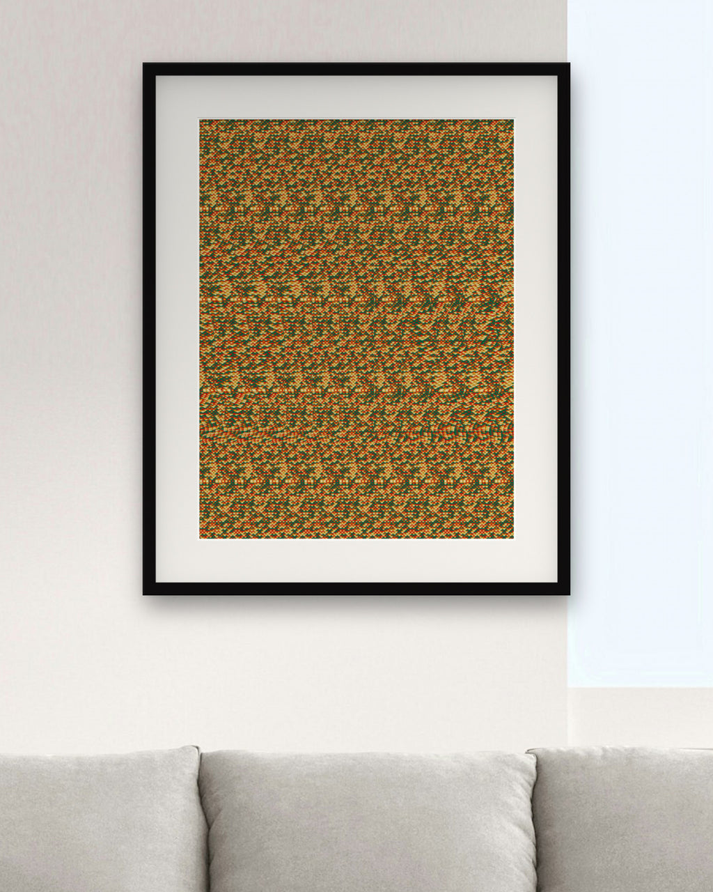 Santa Hat Surprise hidden 3D image stereogram print, framed in a bright living room