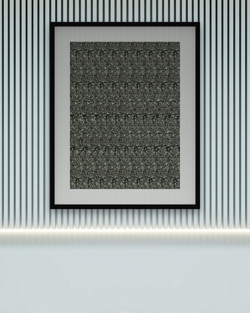 Curling Stone Slide hidden 3D image stereogram print in evergreen and gold tones, framed in a calm bedroom