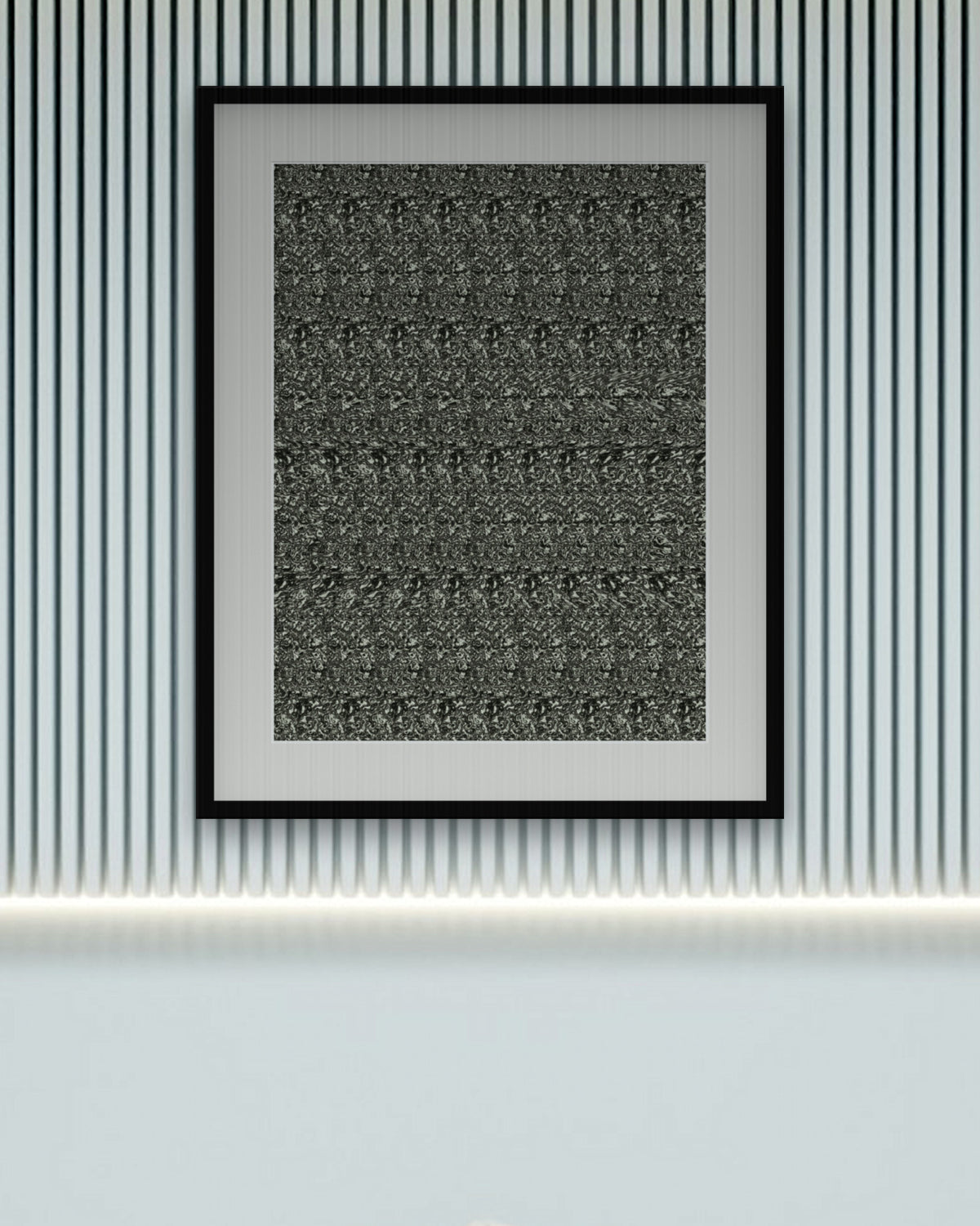 Curling Stone Slide hidden 3D image stereogram print in evergreen and gold tones, framed in a calm bedroom