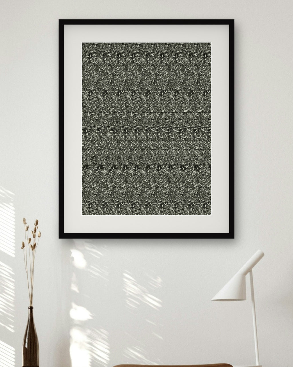 Curling Stone Slide hidden 3D image stereogram print in evergreen and gold tones, framed in a home office