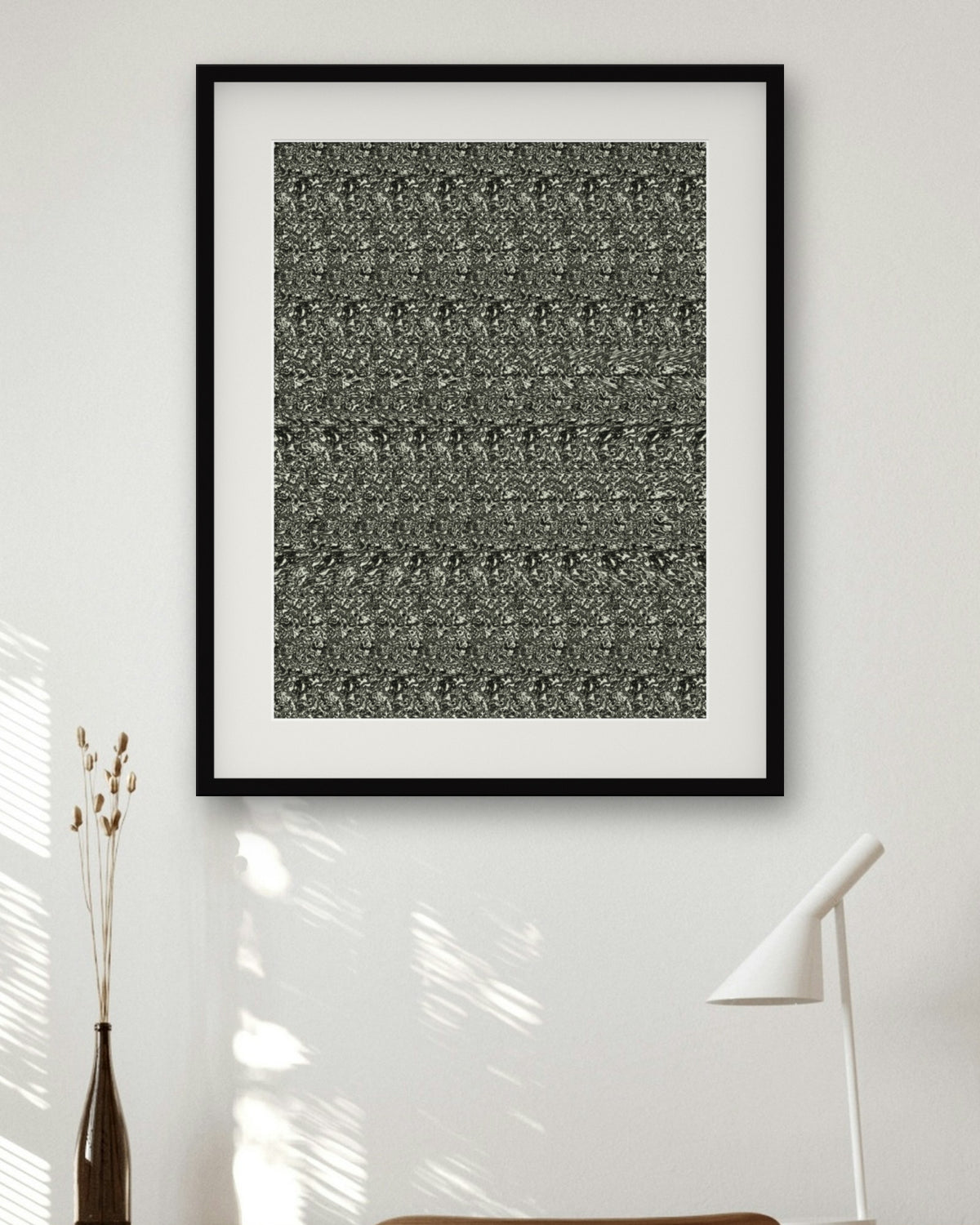 Curling Stone Slide hidden 3D image stereogram print in evergreen and gold tones, framed in a home office