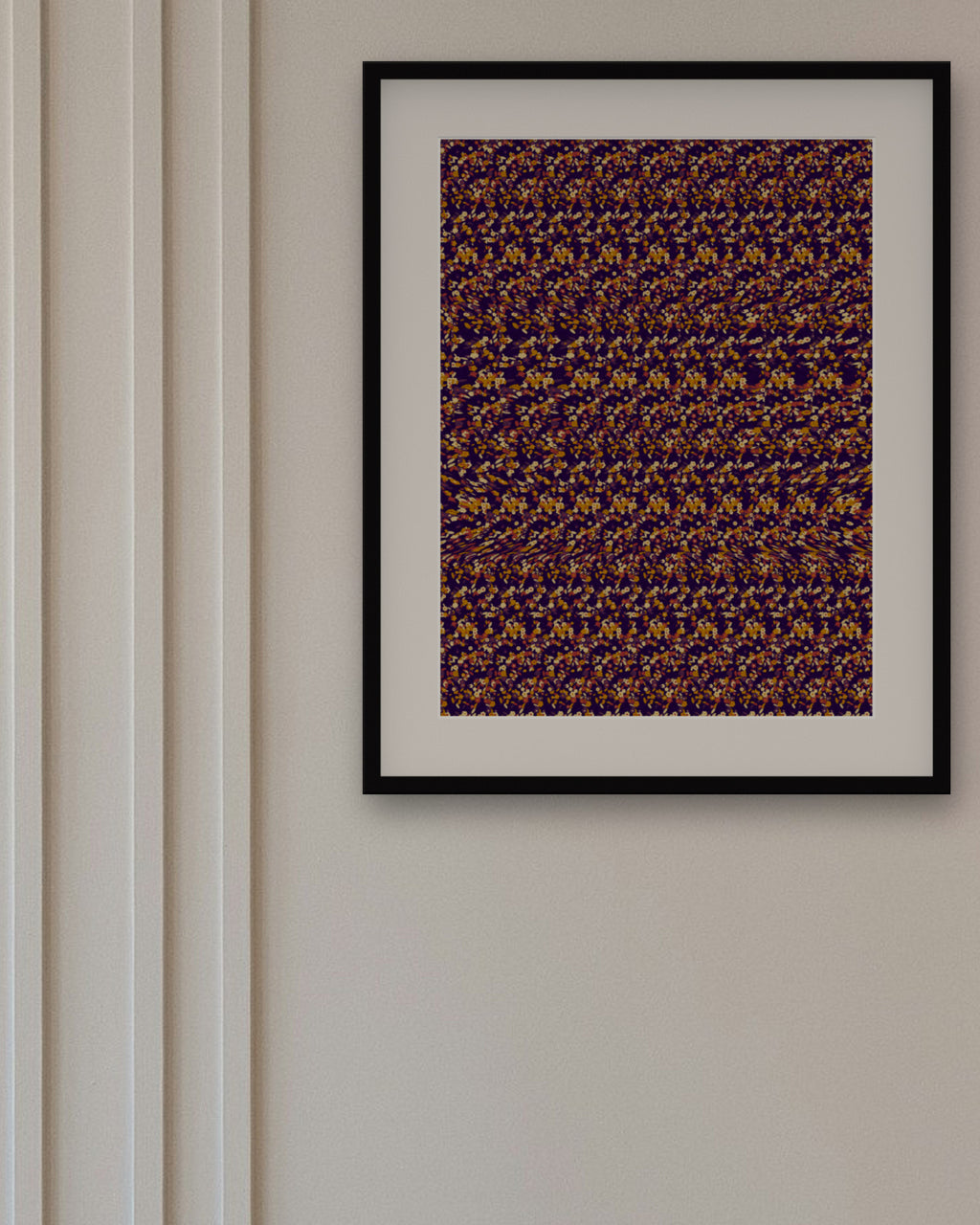 Harvest Pilgrim Hat hidden 3D image stereogram print in harvest and plum tones, framed in a dining room
