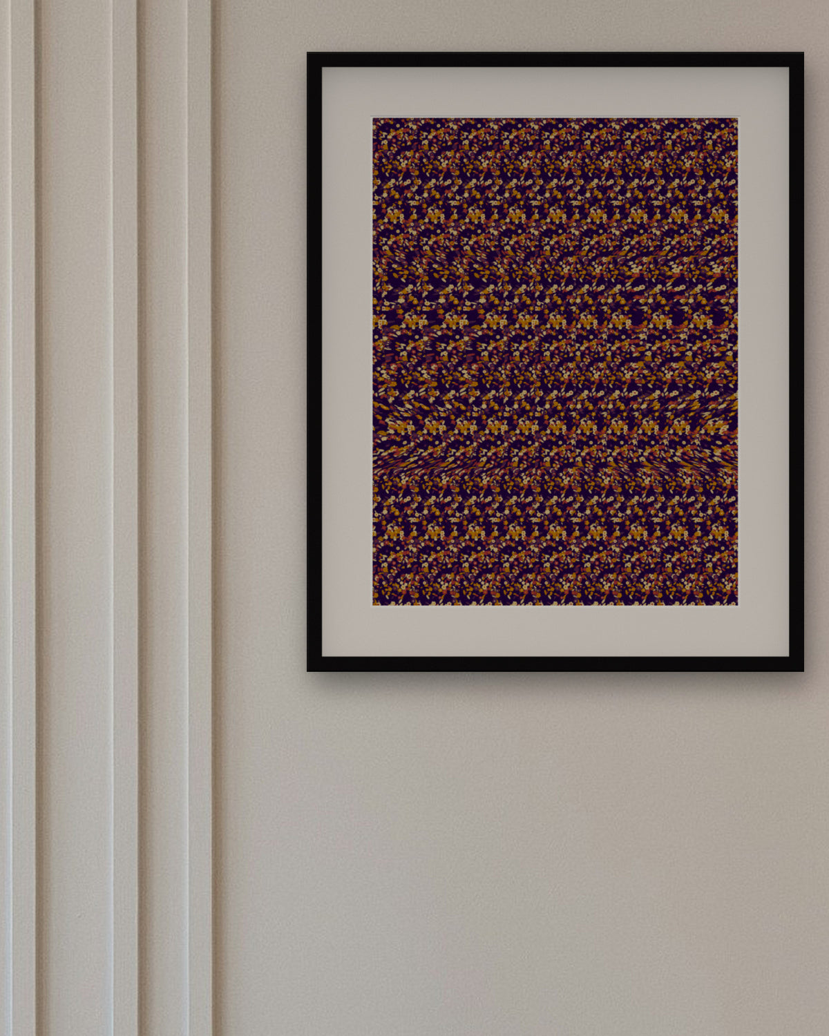 Harvest Pilgrim Hat hidden 3D image stereogram print in harvest and plum tones, framed in a dining room