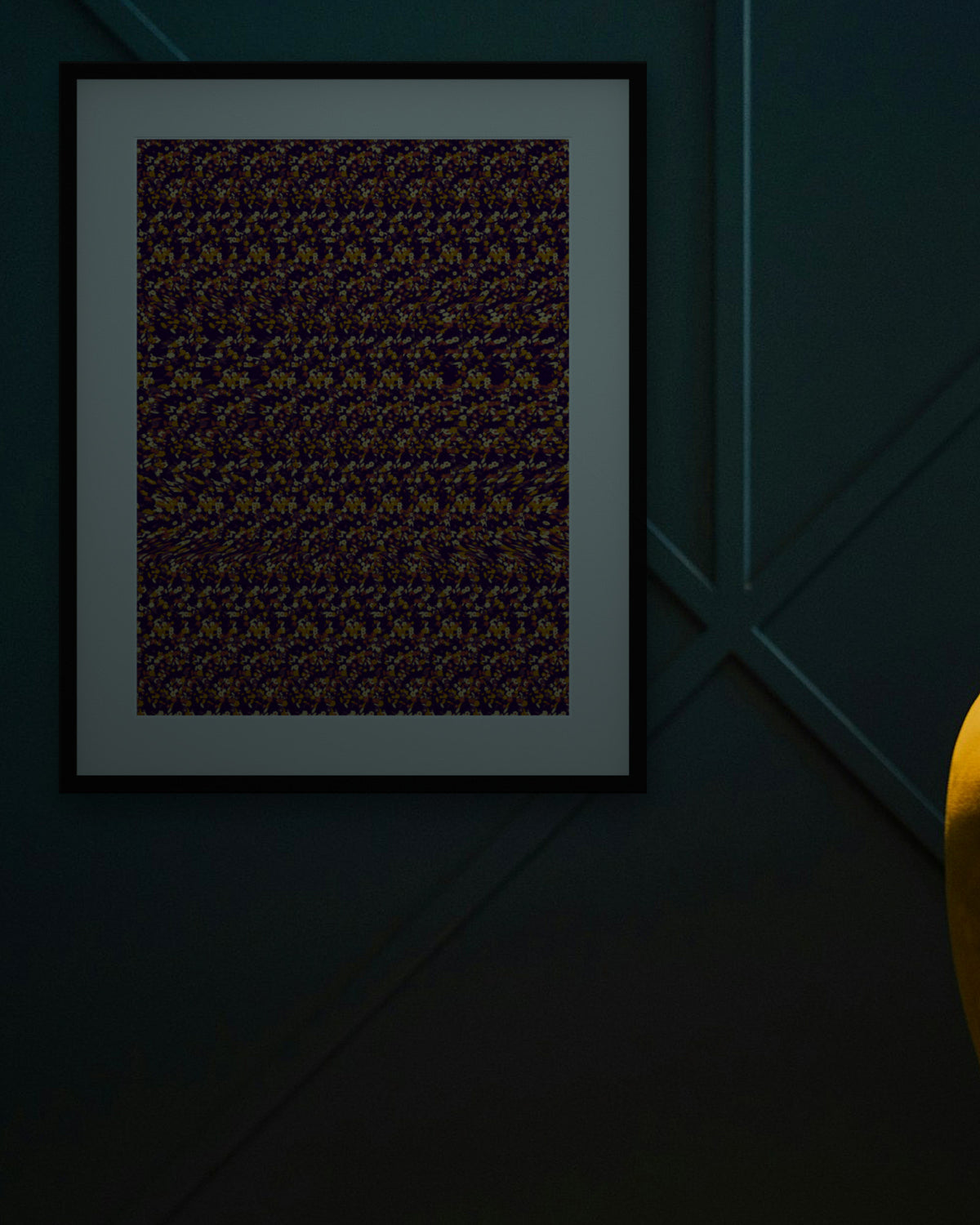 Harvest Pilgrim Hat hidden 3D image stereogram print in harvest and plum tones, framed in a cosy lounge