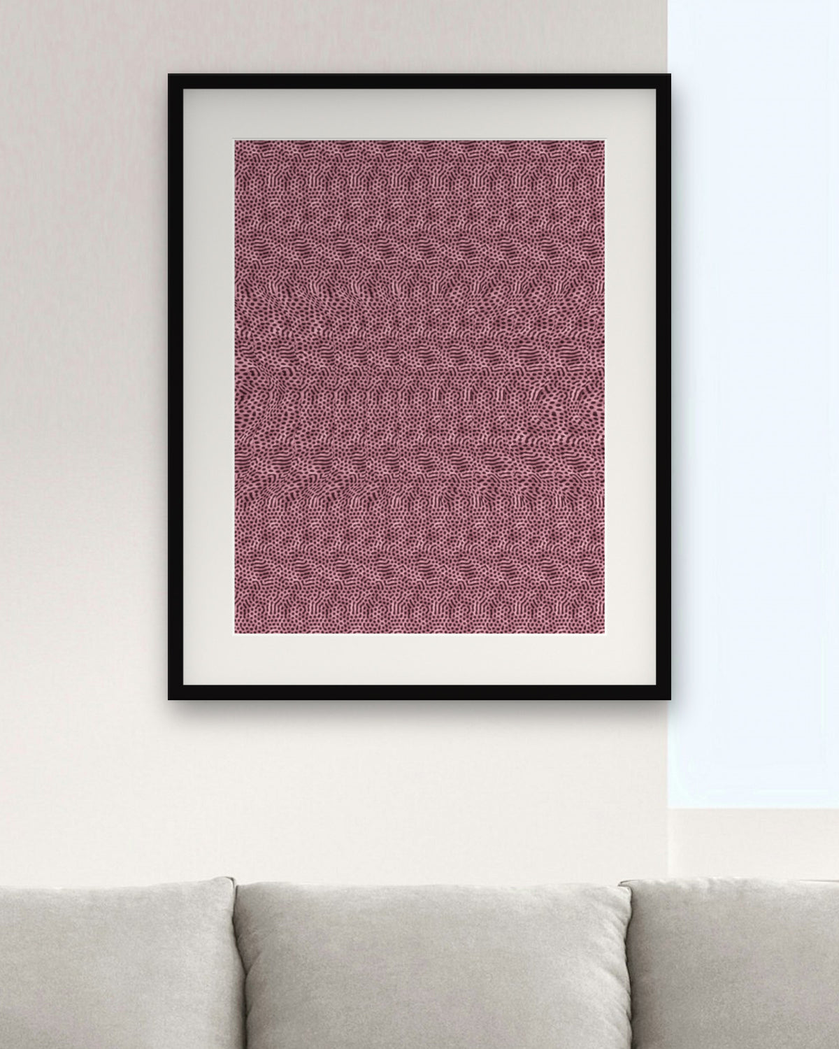 Puffed-Up Pufferfish hidden 3D image stereogram print in tropical and pop tones, framed in a bright living room