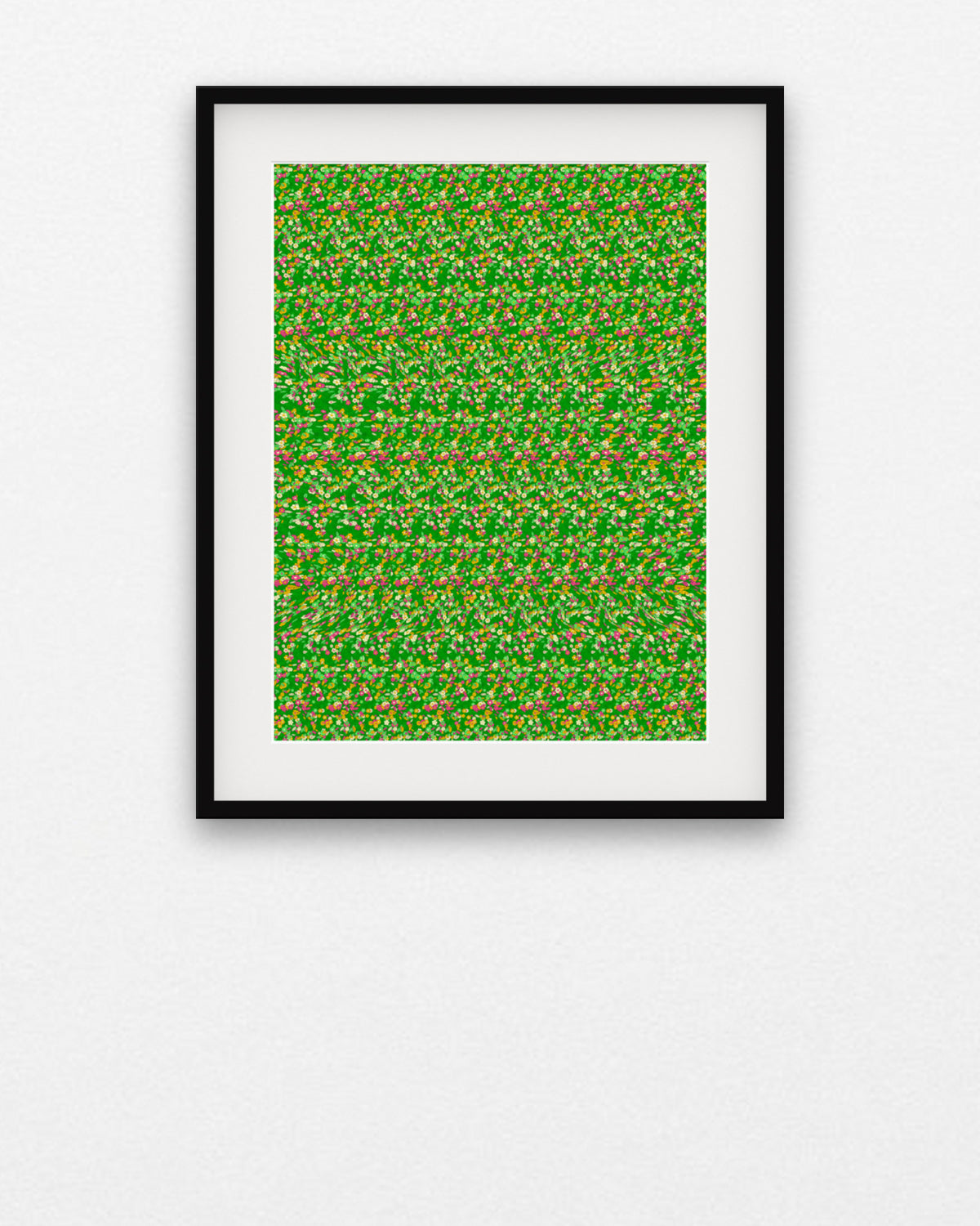 Lily Pad Frog hidden 3D image stereogram print in spring and meadow tones, framed on a gallery wall