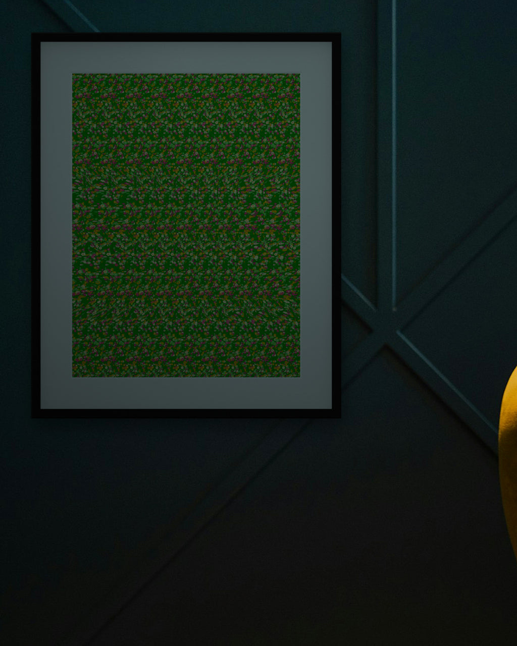 Lily Pad Frog hidden 3D image stereogram print in spring and meadow tones, framed in a cosy lounge
