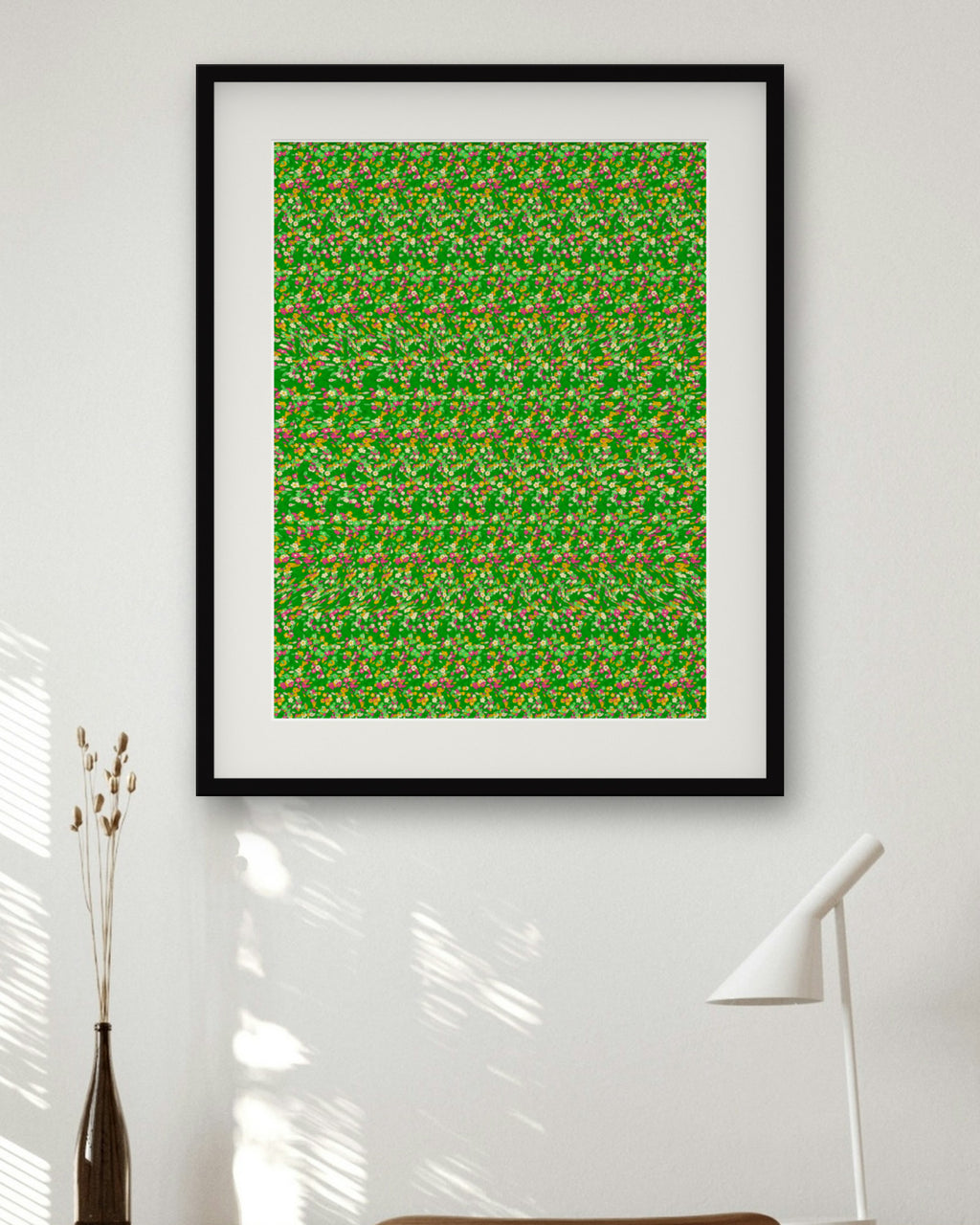 Lily Pad Frog hidden 3D image stereogram print in spring and meadow tones, framed in a home office