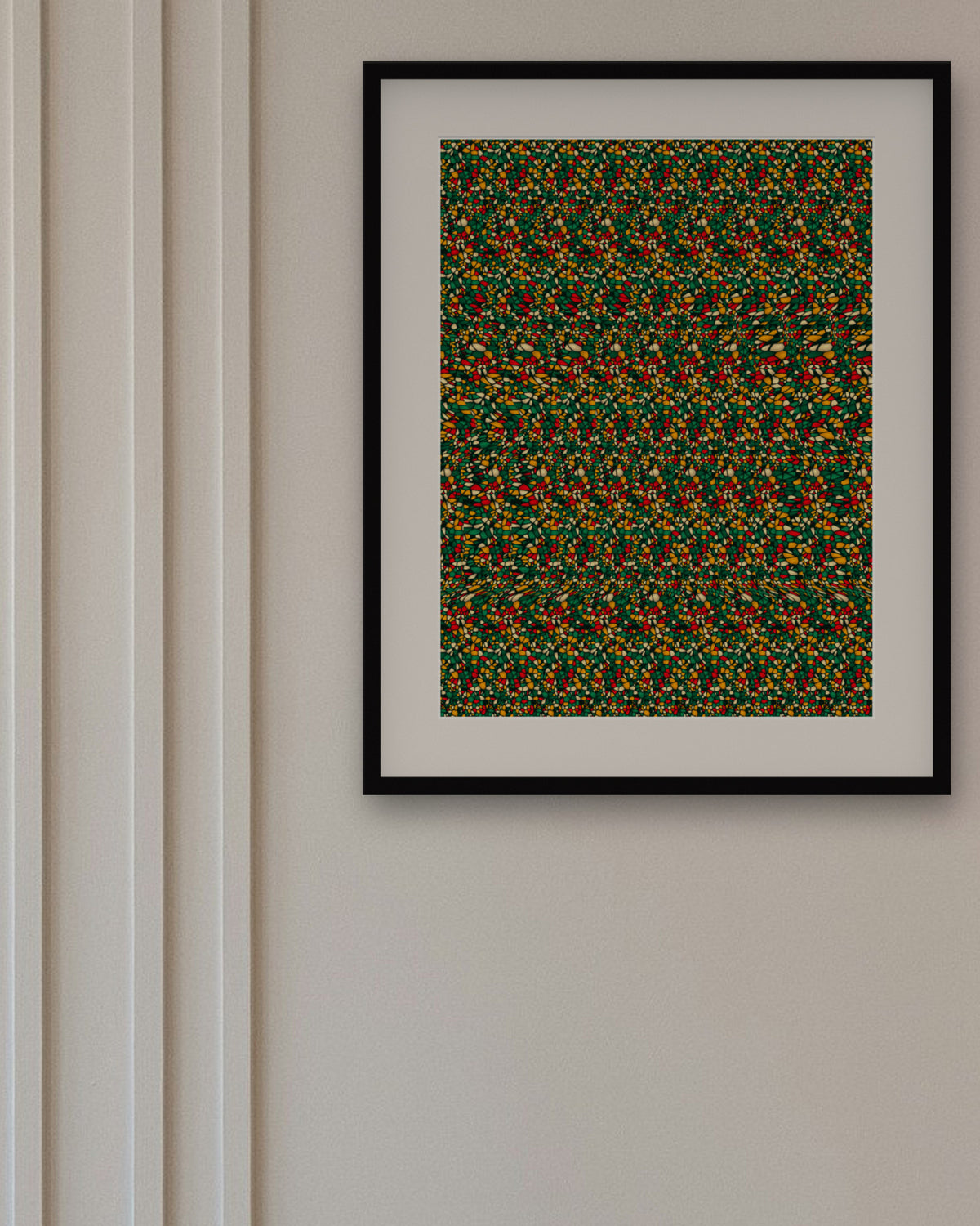 Gingerbread House Hideaway hidden 3D image stereogram print, framed in a dining room