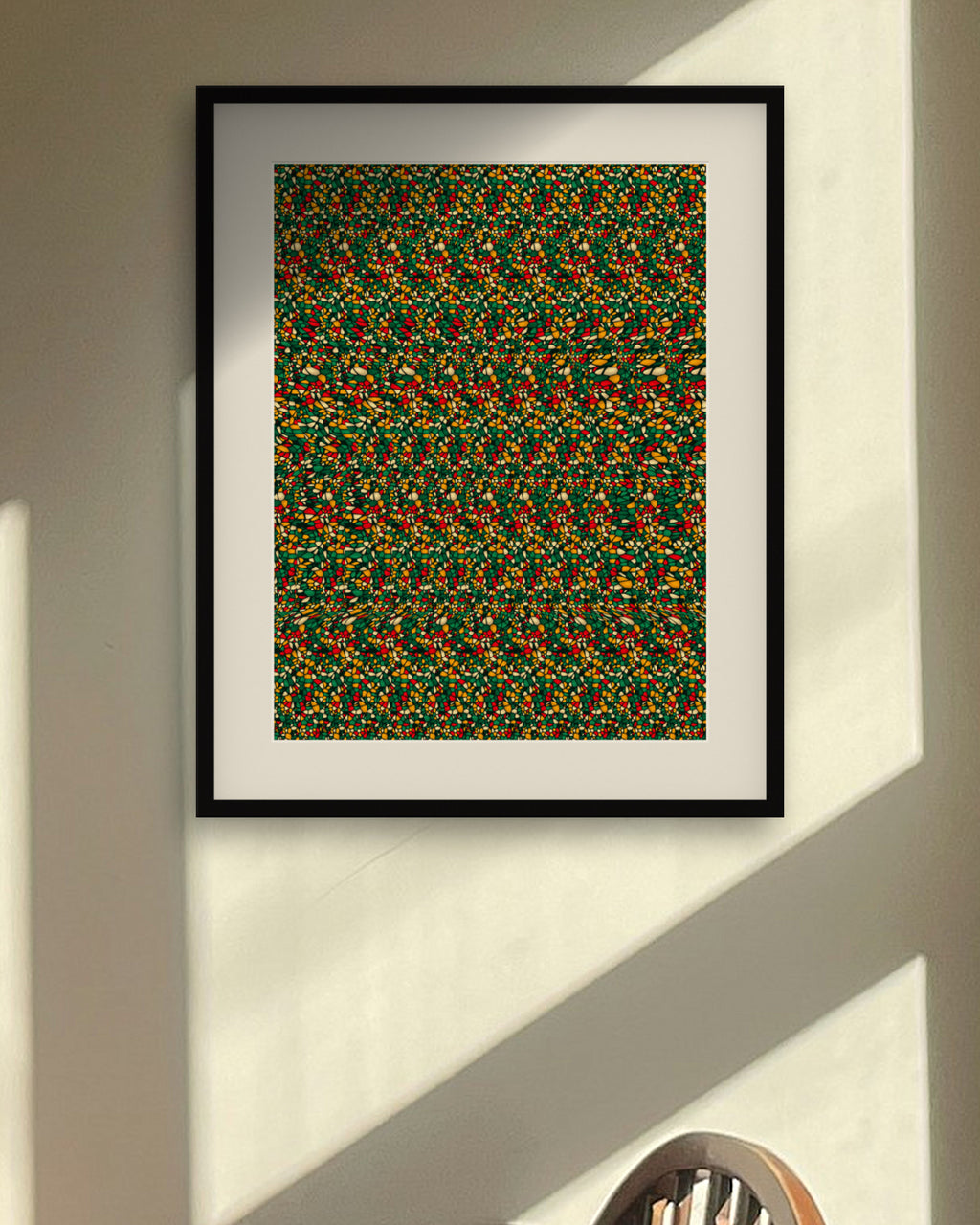 Gingerbread House Hideaway hidden 3D image stereogram print, framed in a sunlit dining room